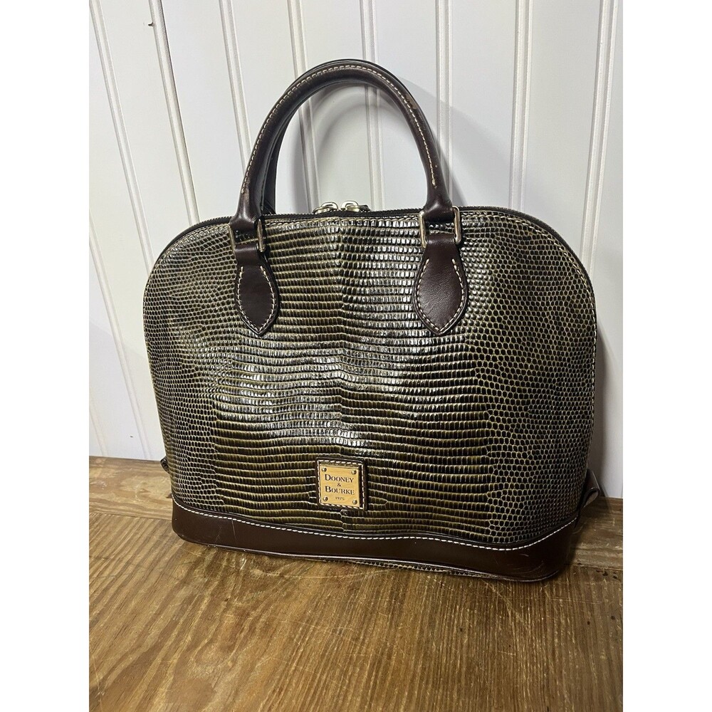 Dooney & Bourke Lizard Emboss Zip Leather Satchel/Shoulder Purse Brown Red EUC